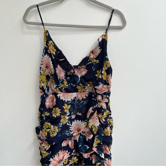 Lulus Stunning Soiree Navy Blue Floral Print Ruched Midi Dress Ruffles Medium - Picture 7 of 16